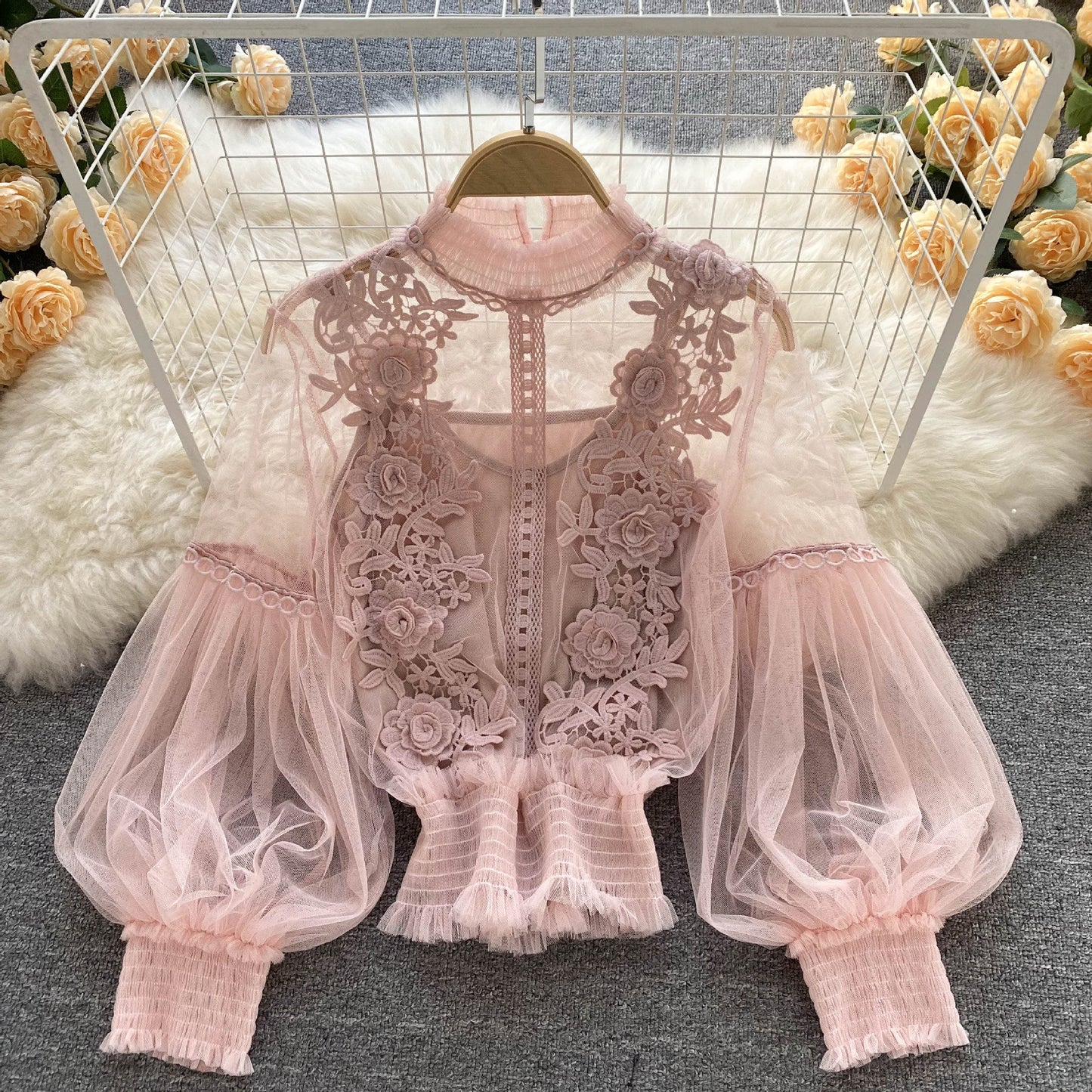 CD | Perspectivă Mesh Gauze Lantern Sleeve Slim scurt Top Femei Lace Leggings Undershirt
