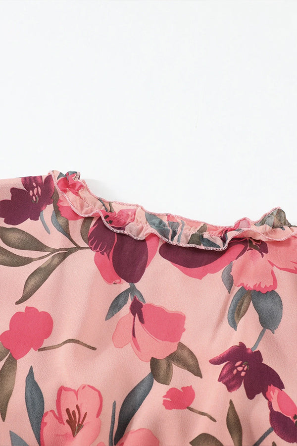 CD | Rochie maxi decoltată cu volane și imprimeu floral roșu pastel