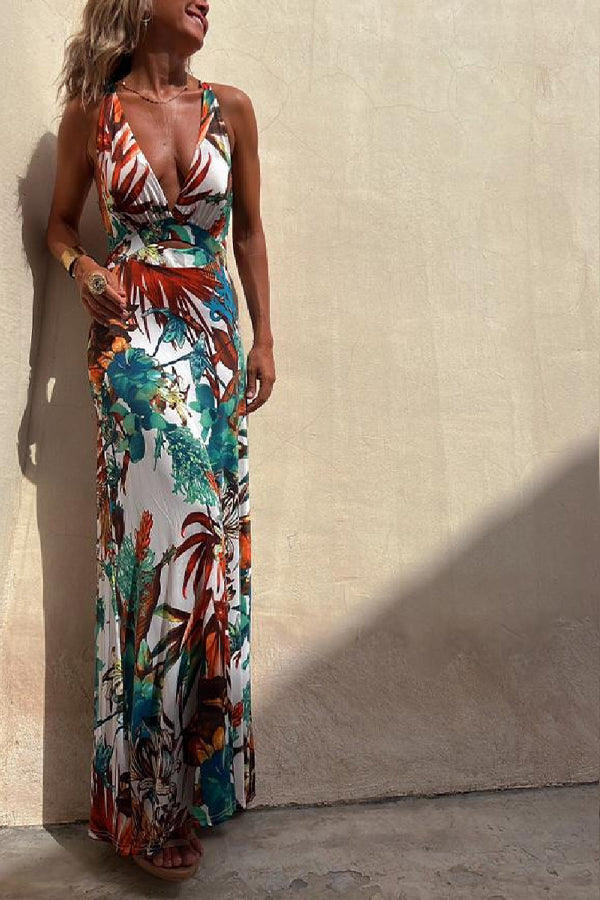 CD | RAINFOREST PARADISE TROPICAL PRINT DECOLTEU SPATE CROSSOVER STRETCH ROCHIE MAXI