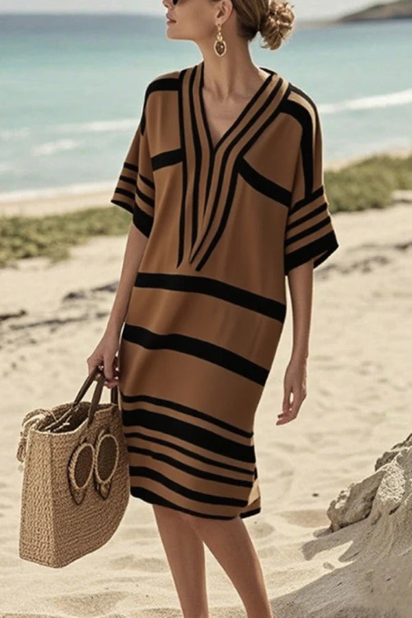 CD | Fashion Striped print V-neck Loose rochie midi pentru vacanțe