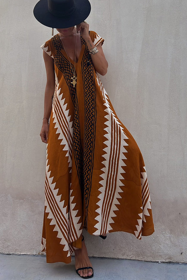 CD | Beach date Ethno print rochie maxi în A-line
