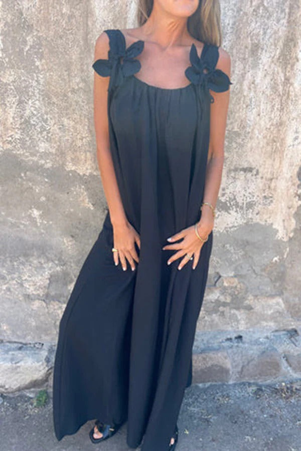 CD | Rochie Maxi solidă cu ornamente florale, fără mâneci, lejeră