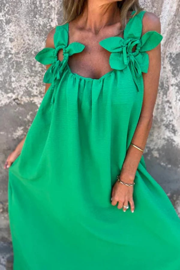 CD | Rochie Maxi solidă cu ornamente florale, fără mâneci, lejeră