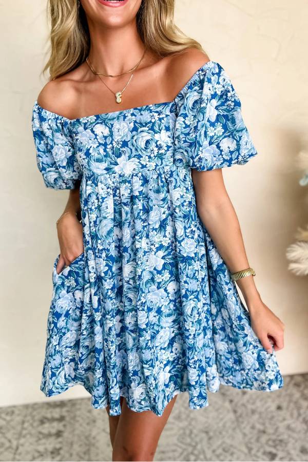 CD | Rochie mini babydoll albastră cu mâneci bufante