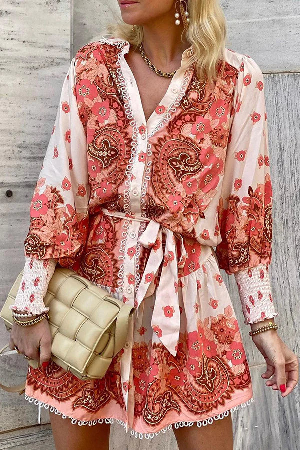 CD | Palat Imprimare buton Smocked Sleeve Belt Mini rochie