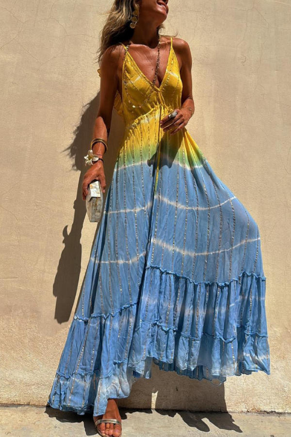 CD | Rochie maxi din lurex auriu Tie-Dye