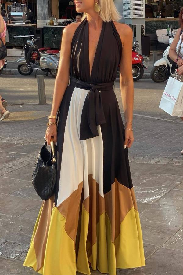 CD | Colorblock Lace-up Backless Sexy rochie lungă Swing