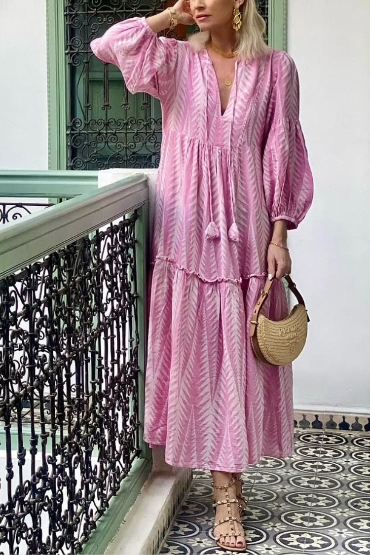 CD | Marrakech Stories Rochie midi imprimată în amestec de in, cu mâneci balon și buzunare A-line
