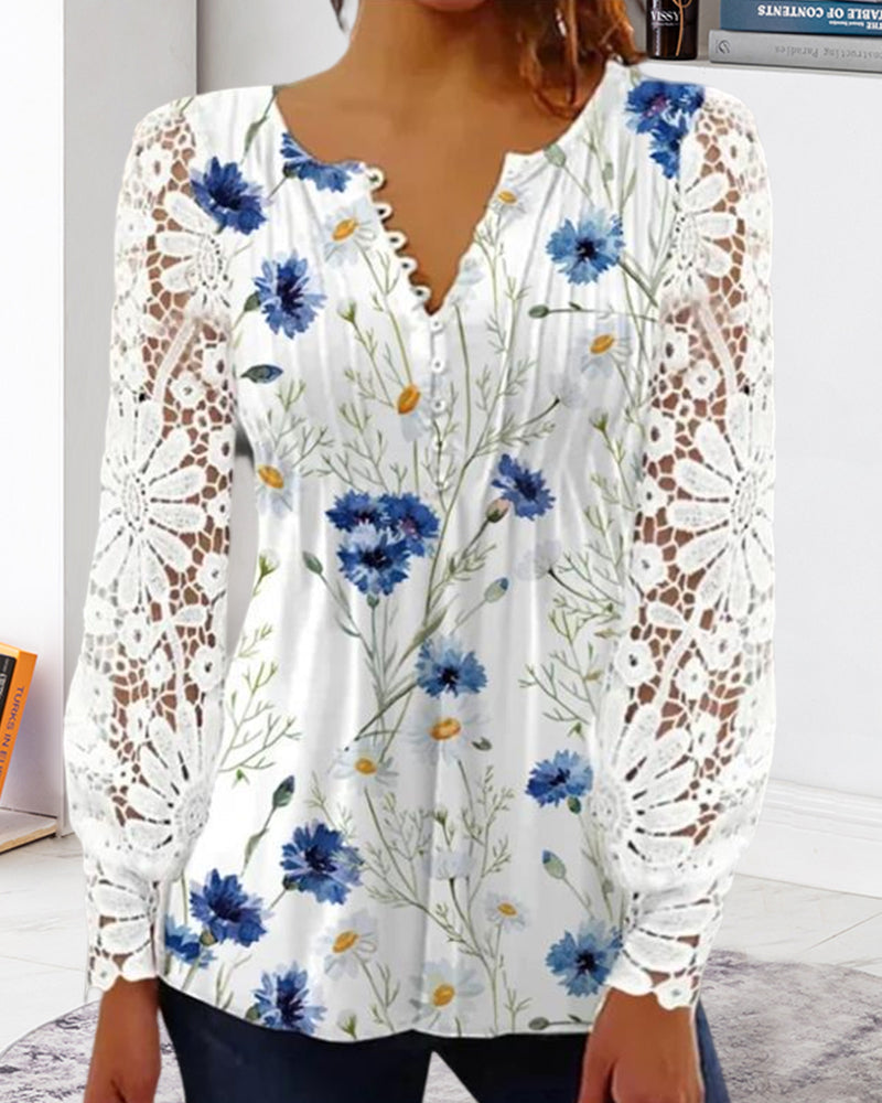 CD | Top elegant din dantelă cu decolteu în V și imprimeu floral