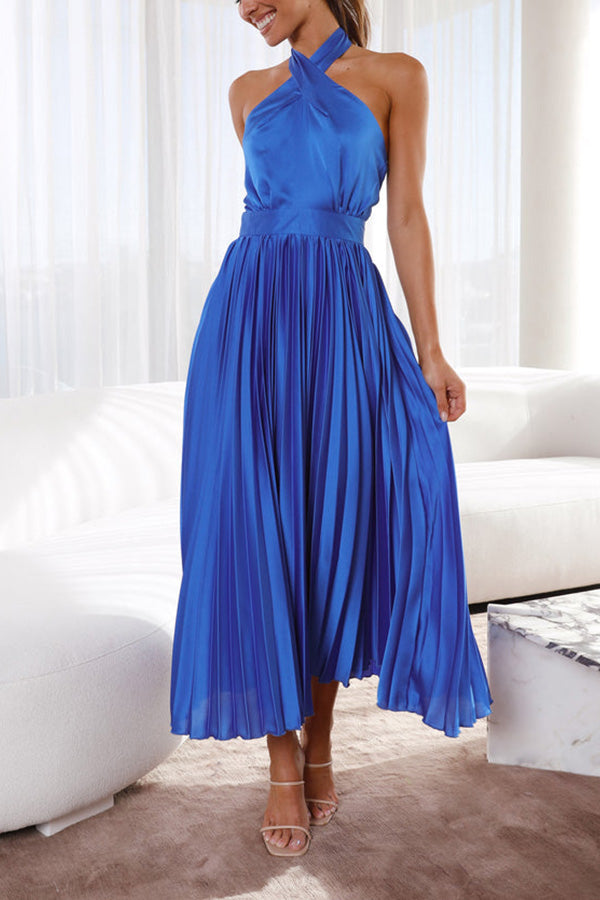 CD | Beaming Smile satin halterneck rochie midi plisată