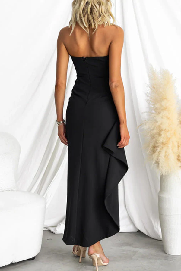 CD | Rochie maxi elegantă fără bretele cu volane și crăpătură