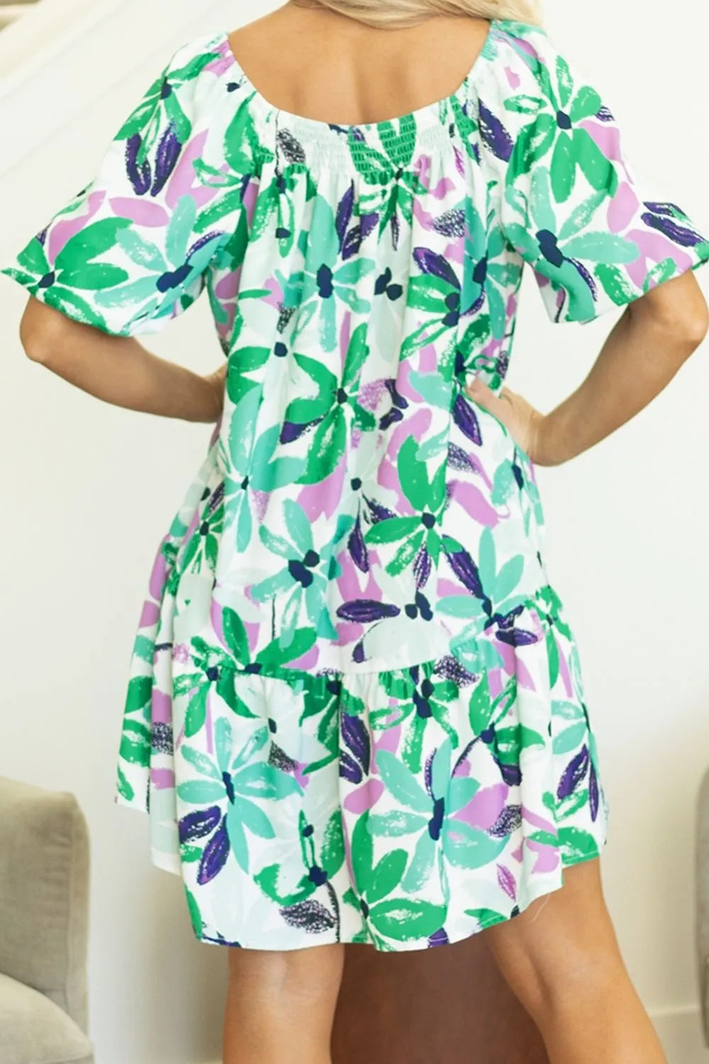 CD | Floral Print Gathered pătrat decolteu Loose-fit rochie mini
