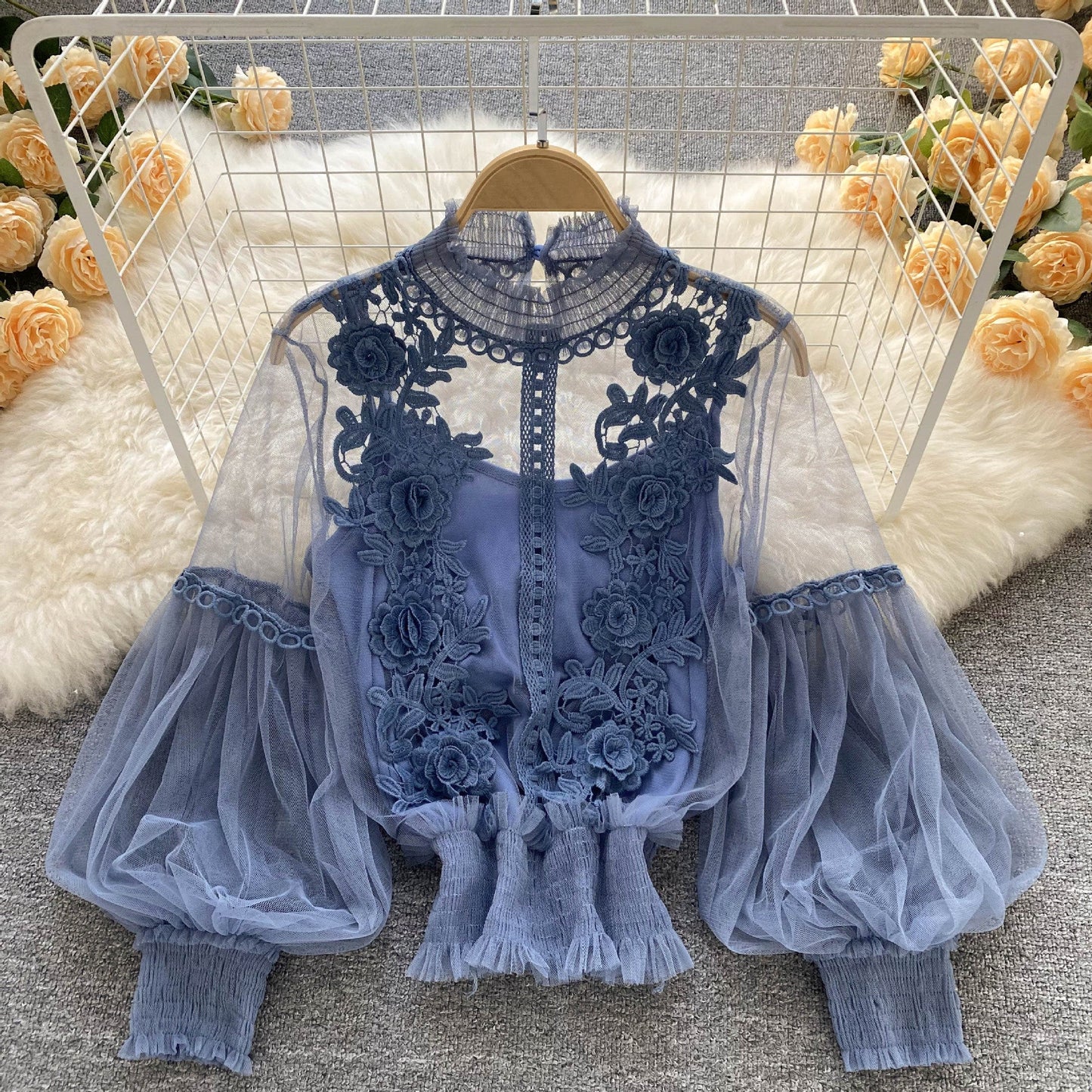 CD | Perspectivă Mesh Gauze Lantern Sleeve Slim scurt Top Femei Lace Leggings Undershirt