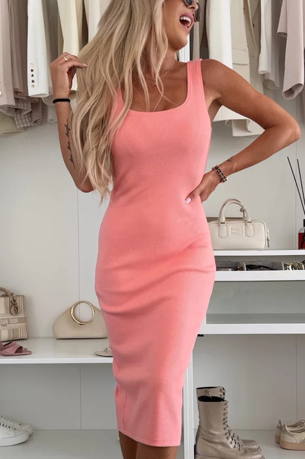 CD | Confort și feminitate coaste tricot rezervor fantă stretch rochie midi