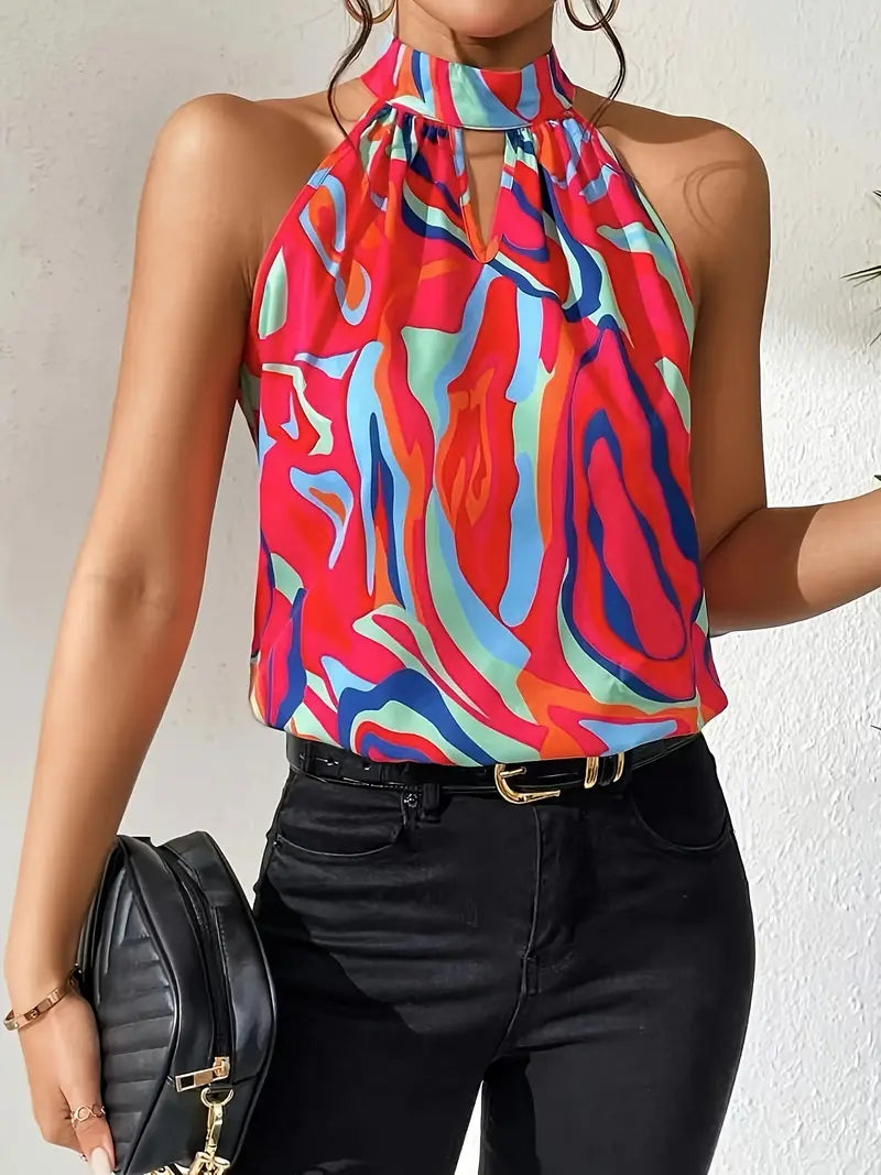 CD | Bluză elegantă cu imprimeu abstract și decolteu tip choker