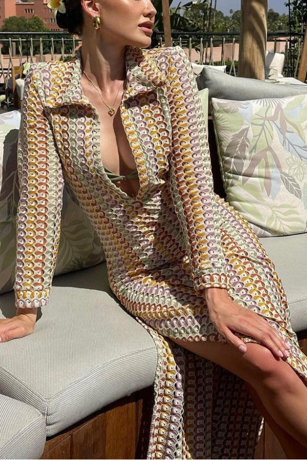 CD | Handmade croșetat hollow scăzut tăiat V-neck fantă rochie lungă
