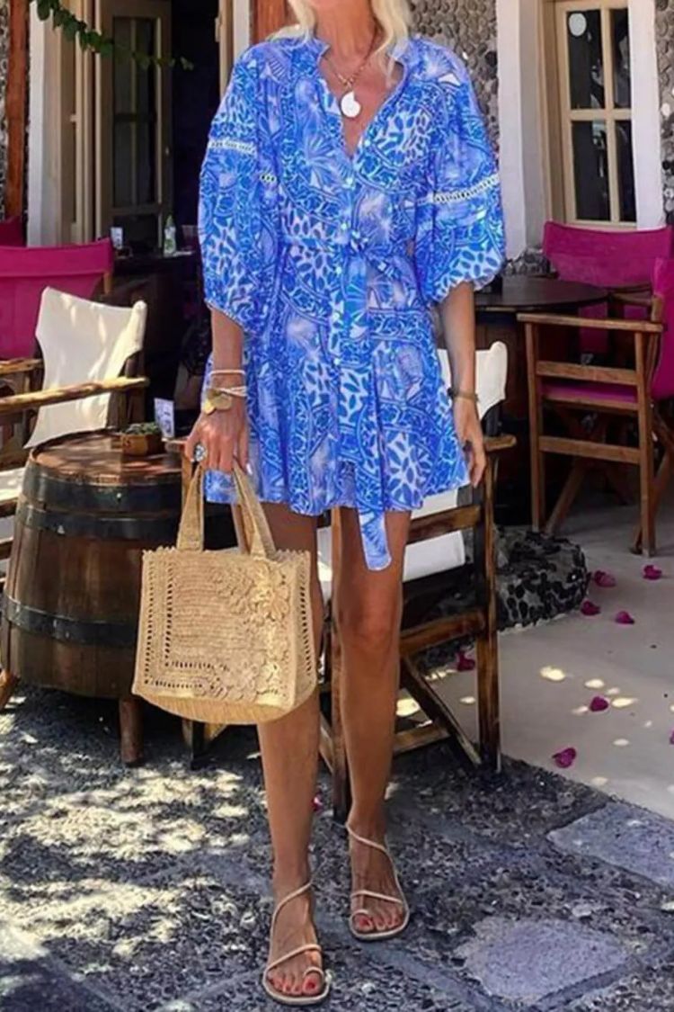 CD | Fashion Stand Up Collar Shift imprimate Resort Mini rochie
