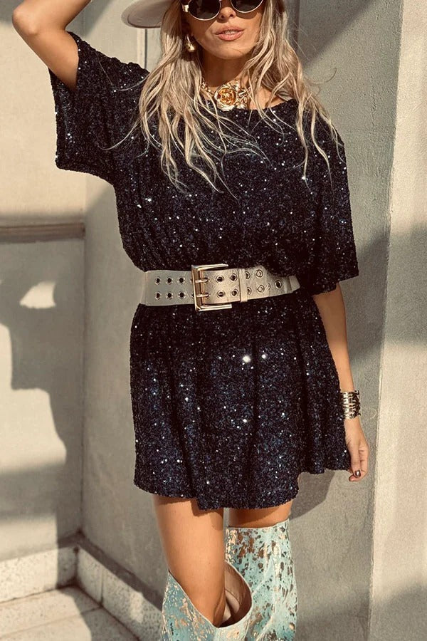 CD | Night Moves paiete tesatura mâneci scurte backless H-line rochie mini