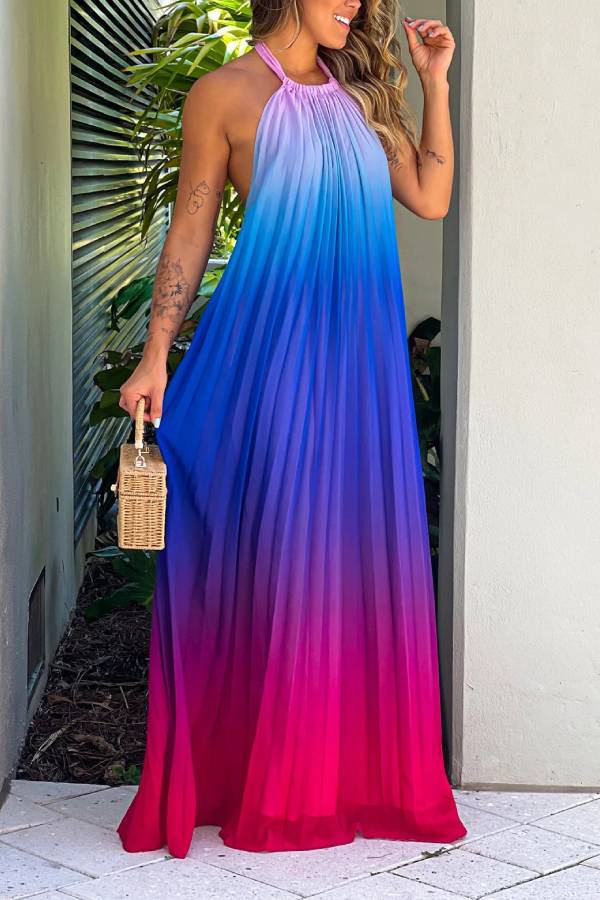 CD | Rochie maxi roz și violet cu gât rotund