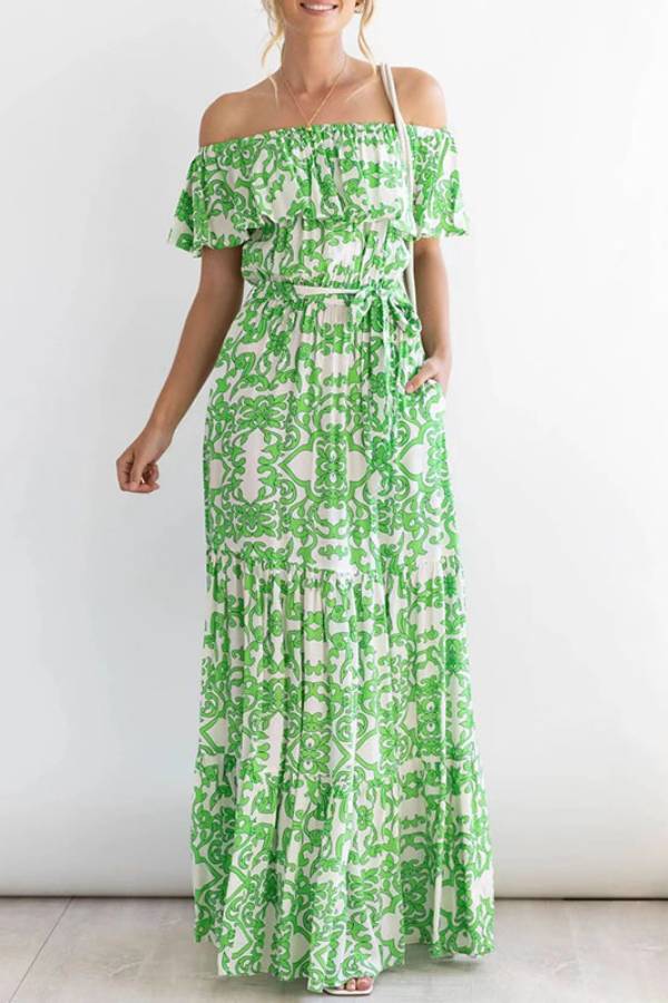 CD | Rochie maxi cu mâneci scurte, fără umeri, cu model cu volane