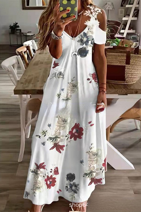 CD | Viana Rochie maxi cu mâneci drepte, imprimată cu dantelă în culori contrastante
