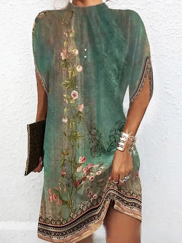 CD | Mâneci batwing Rochie mini lejeră cu imprimeu floral și decolteu rotund