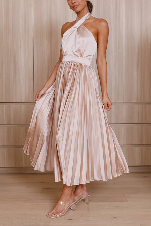 CD | Beaming Smile satin halterneck rochie midi plisată