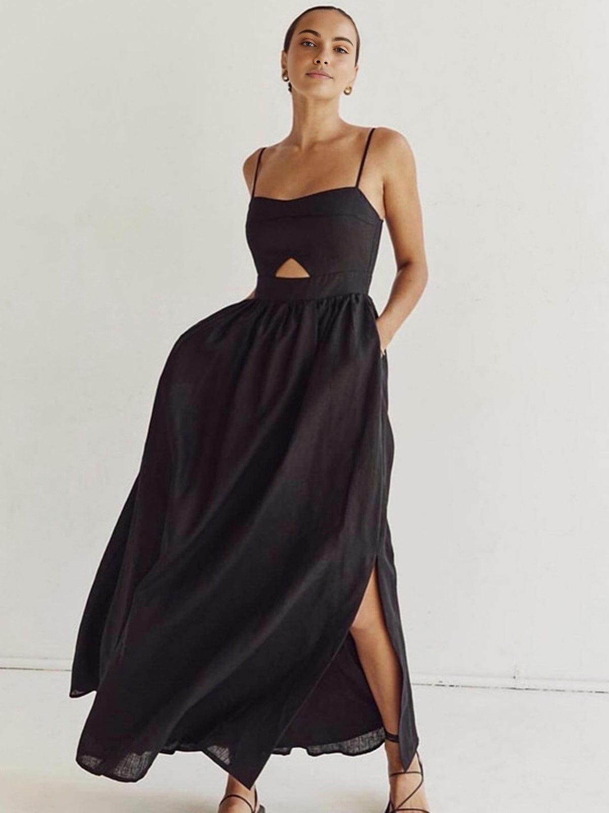 CD | Rochie maxi pentru femei - siluetă A-line - bretele spaghetti - detaliu decupaj - buzunare