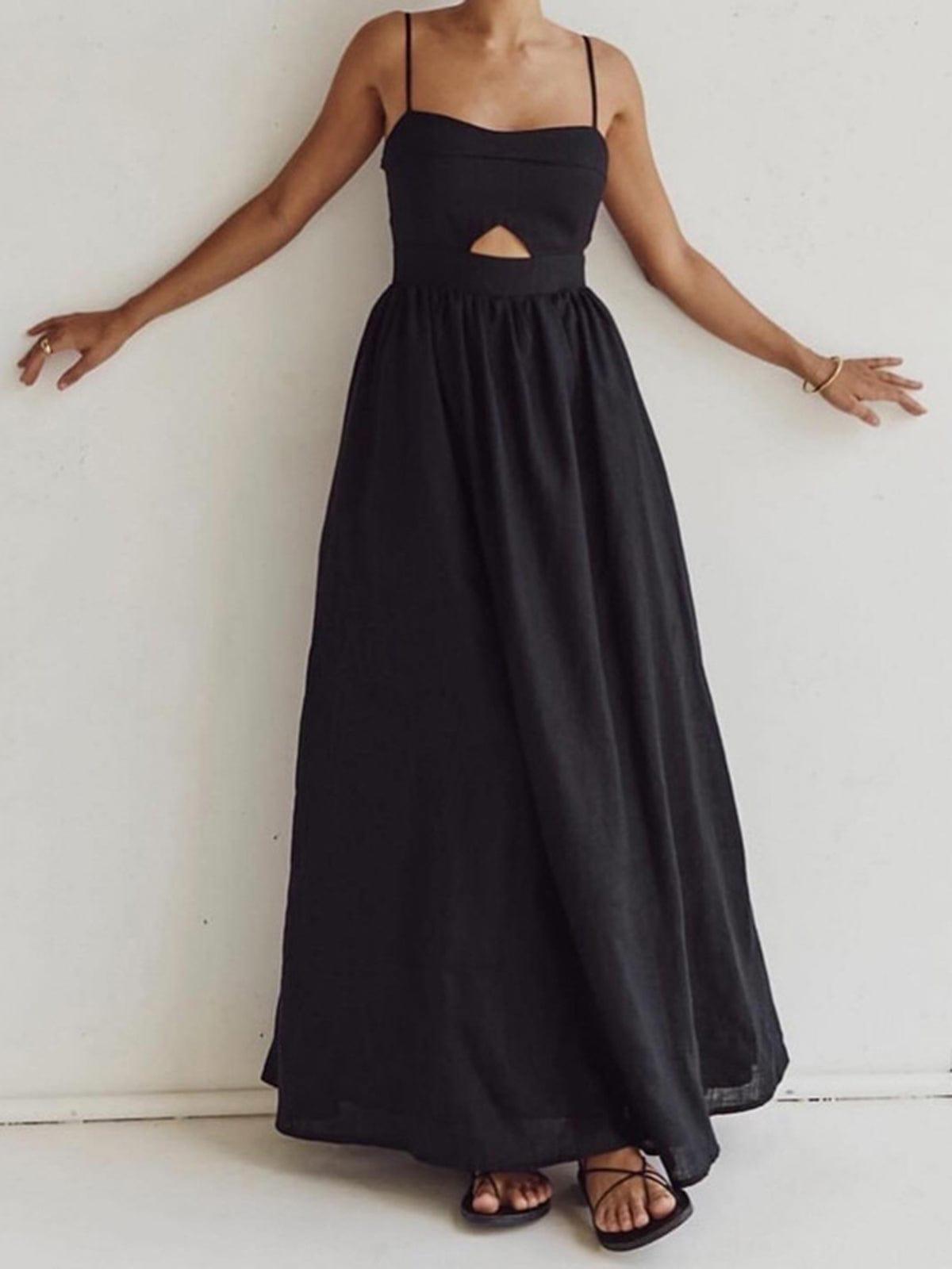 CD | Rochie maxi pentru femei - siluetă A-line - bretele spaghetti - detaliu decupaj - buzunare
