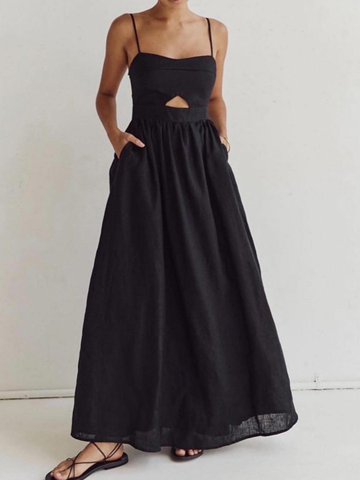 CD | Rochie maxi pentru femei - siluetă A-line - bretele spaghetti - detaliu decupaj - buzunare