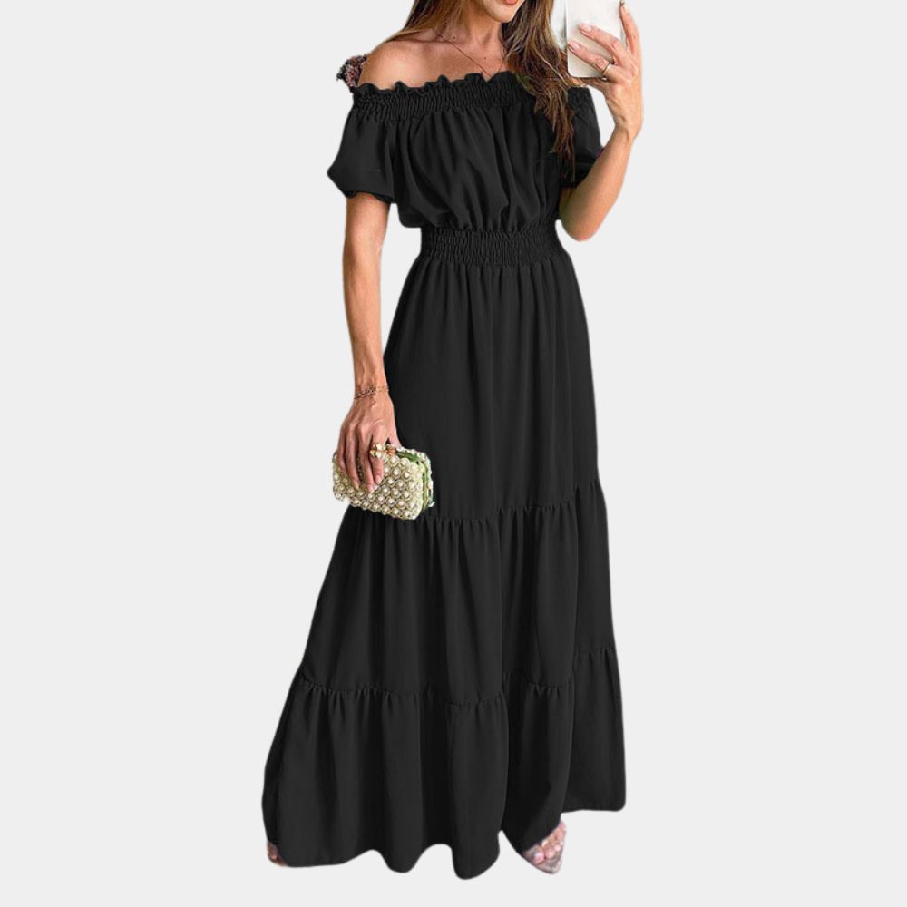 CD | Rochie maxi pentru femei - Desprinsă de pe umăr - Model cu cravată - Talie elastică - Mâneci scurte