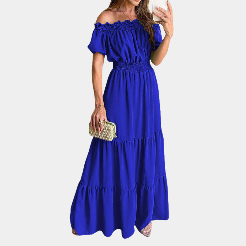 CD | Rochie maxi pentru femei - Desprinsă de pe umăr - Model cu cravată - Talie elastică - Mâneci scurte