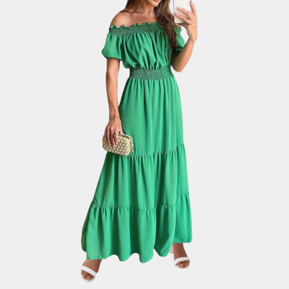 CD | Rochie maxi pentru femei - Desprinsă de pe umăr - Model cu cravată - Talie elastică - Mâneci scurte