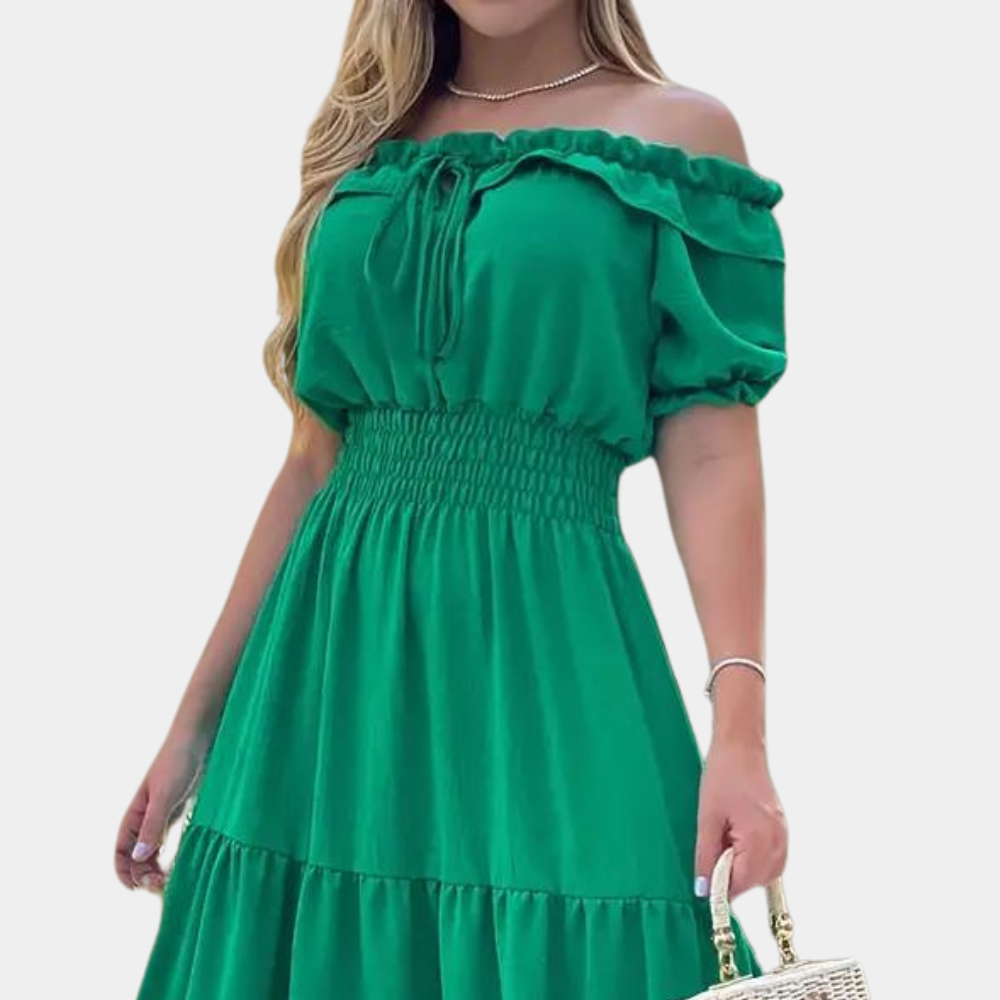 CD | Rochie maxi pentru femei - Desprinsă de pe umăr - Model cu cravată - Talie elastică - Mâneci scurte