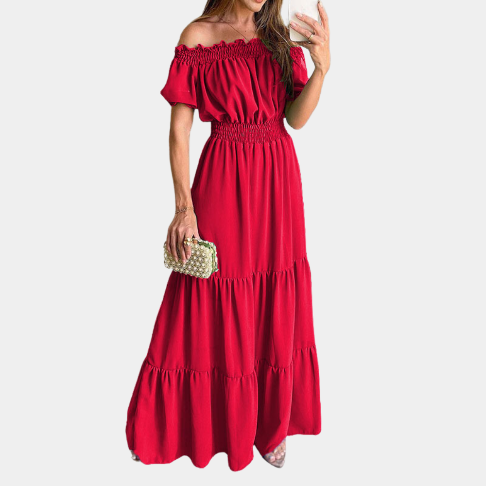 CD | Rochie maxi pentru femei - Desprinsă de pe umăr - Model cu cravată - Talie elastică - Mâneci scurte