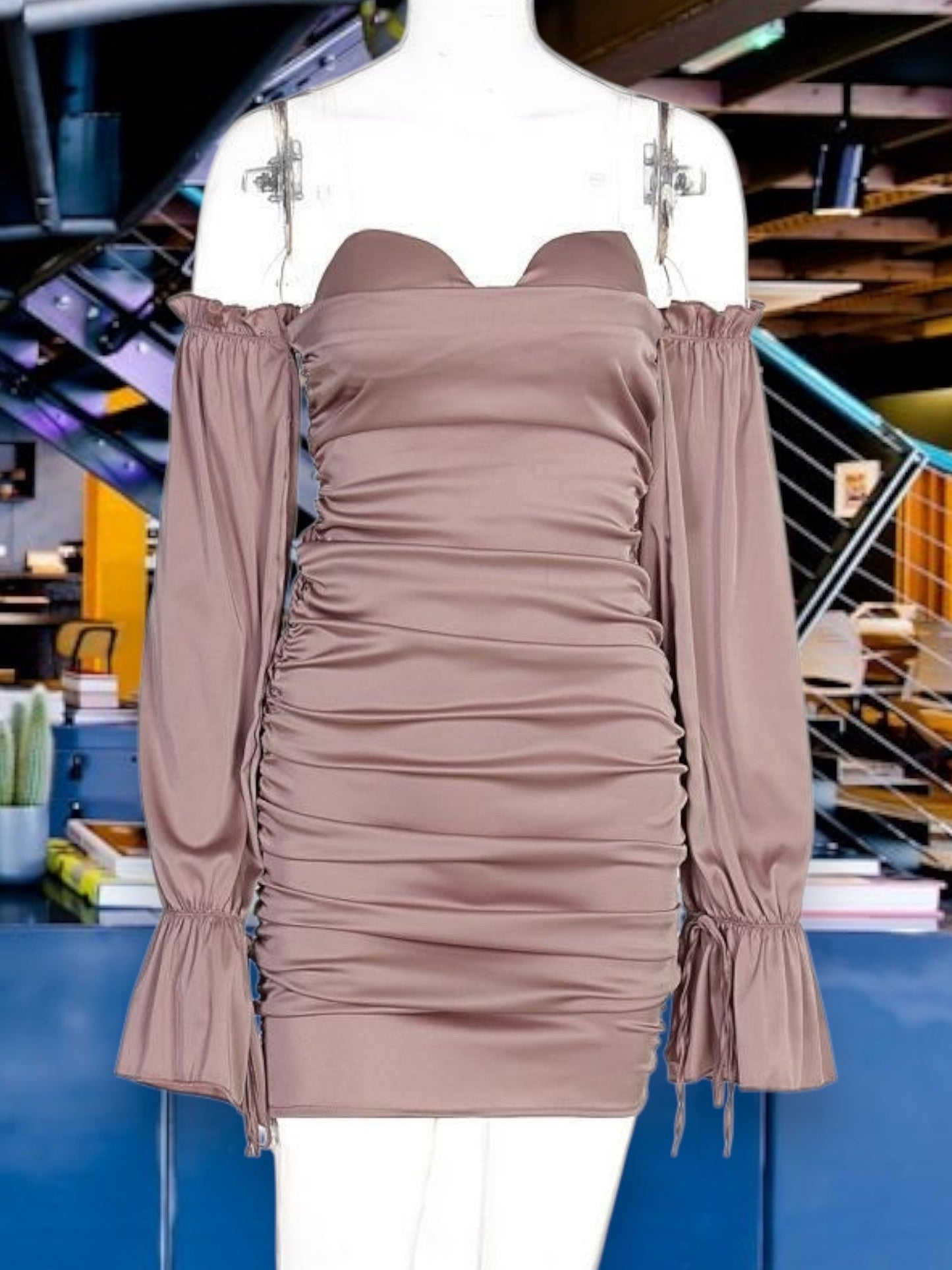 CD | Rochie pentru femei fără umeri cu volane din material elastic Mini rochie