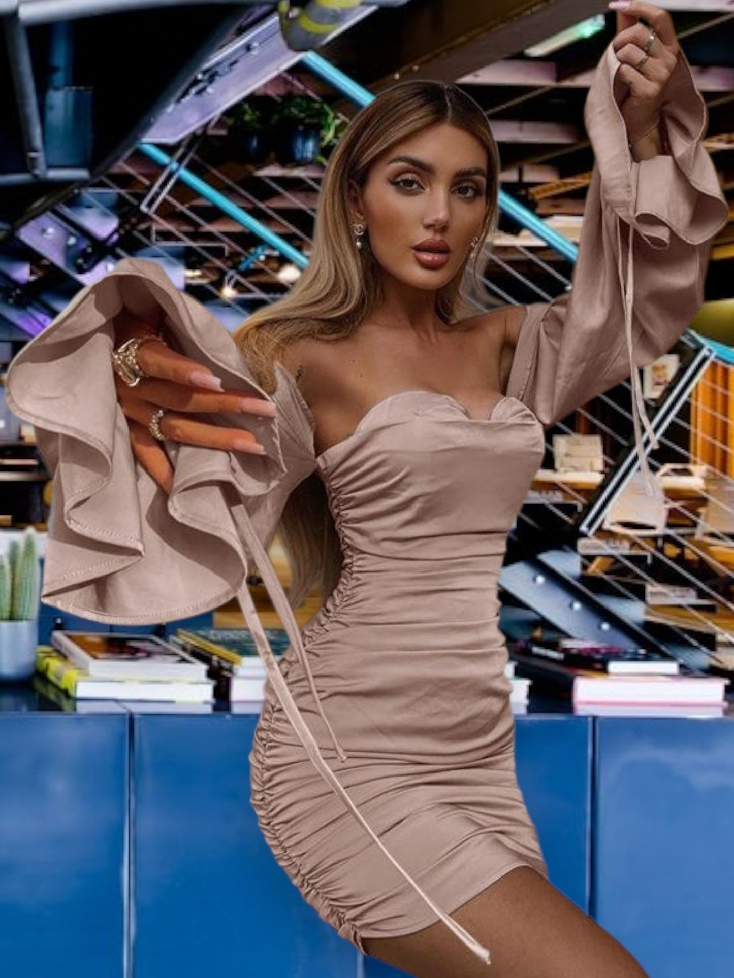 CD | Rochie pentru femei fără umeri cu volane din material elastic Mini rochie