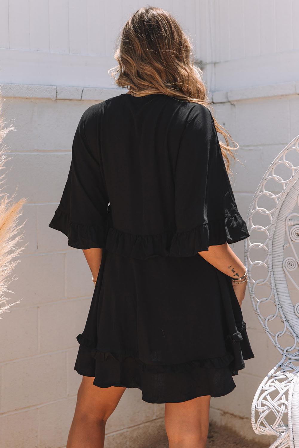 CD | Elegant negru babydoll rochie mini cu decolteu V