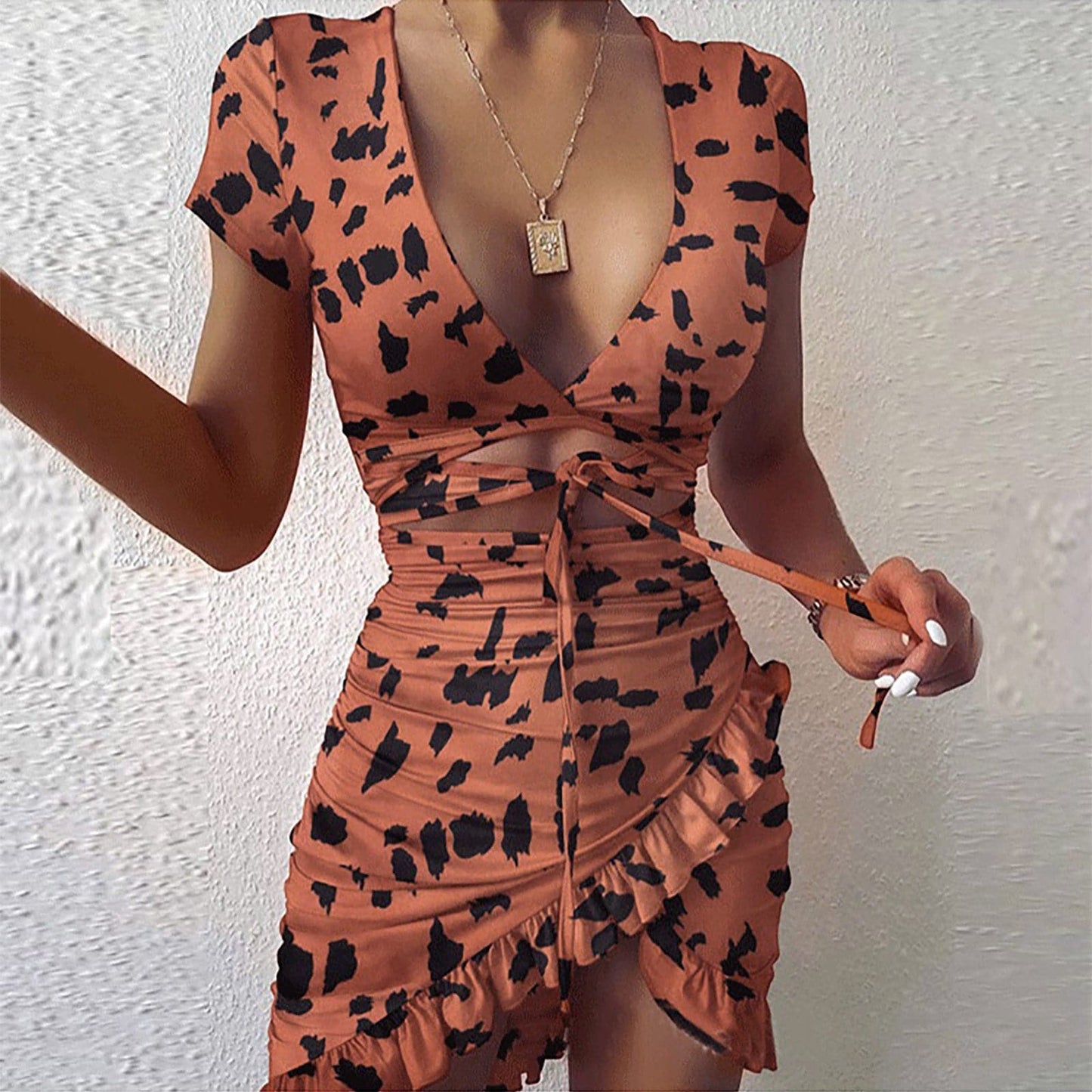 CD | Floral Print Fashion Tie Wrap Mini Rochie