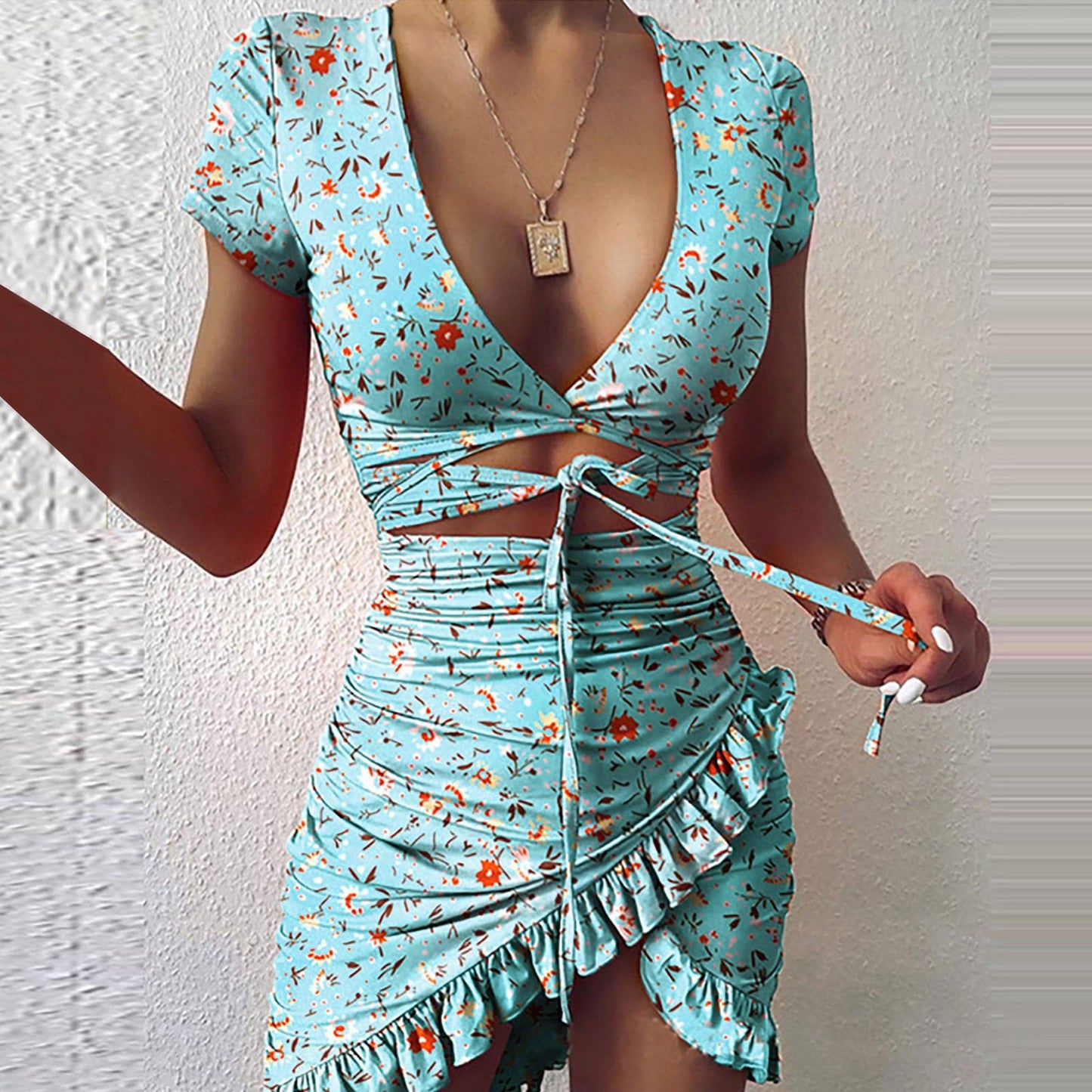 CD | Floral Print Fashion Tie Wrap Mini Rochie