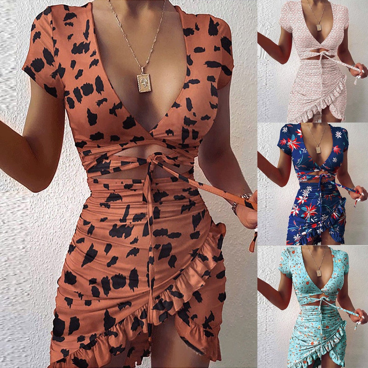 CD | Floral Print Fashion Tie Wrap Mini Rochie
