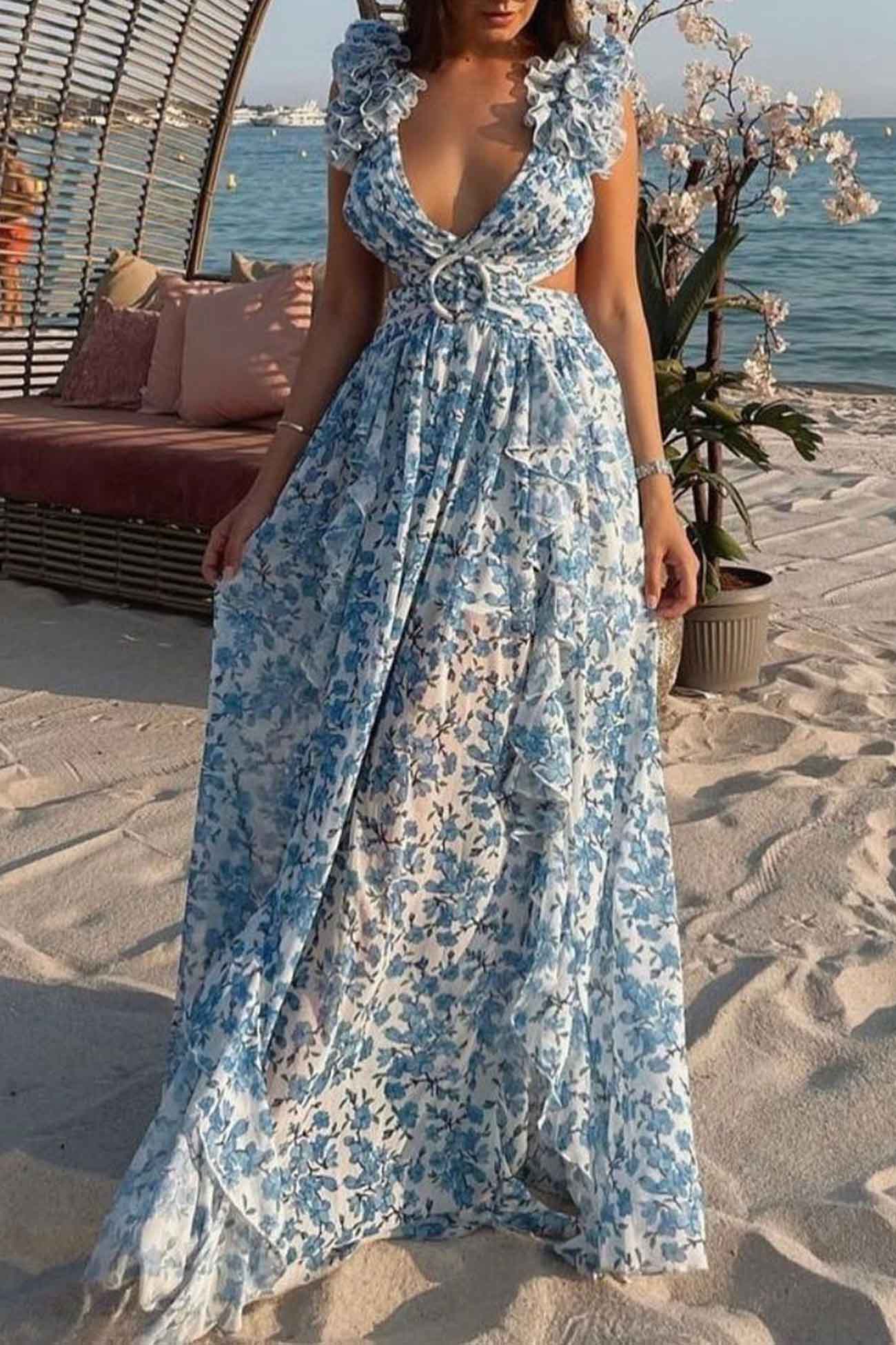 CD | Rochie maxi pentru femei - Decolteu adânc în V - Mâneci încrețite - Talie decupată - Fustă cu tăietură înaltă
