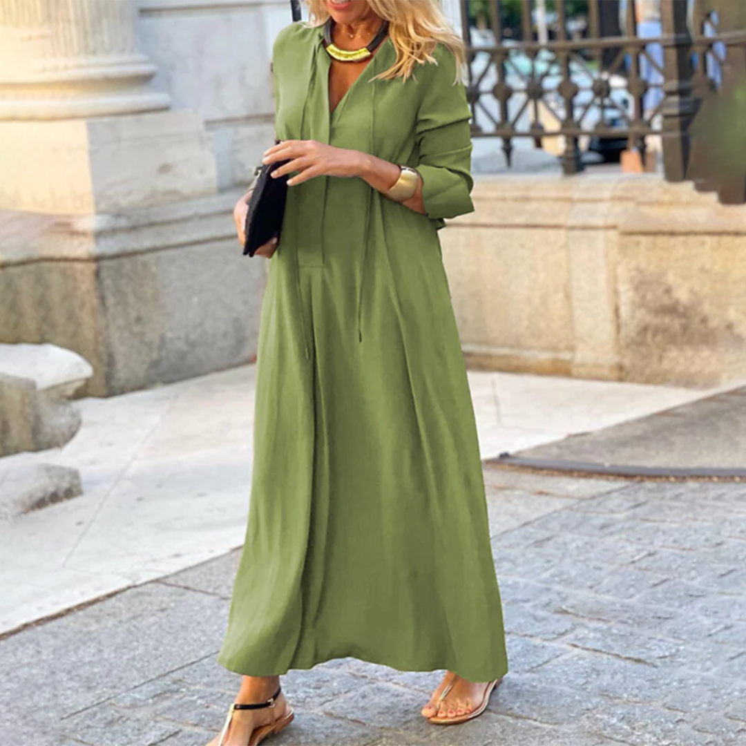 CD | Rochie maxi pentru femei - Țesătură luxoasă - Croială fluidă - Decolteu în V - Eleganță cu mâneci lungi