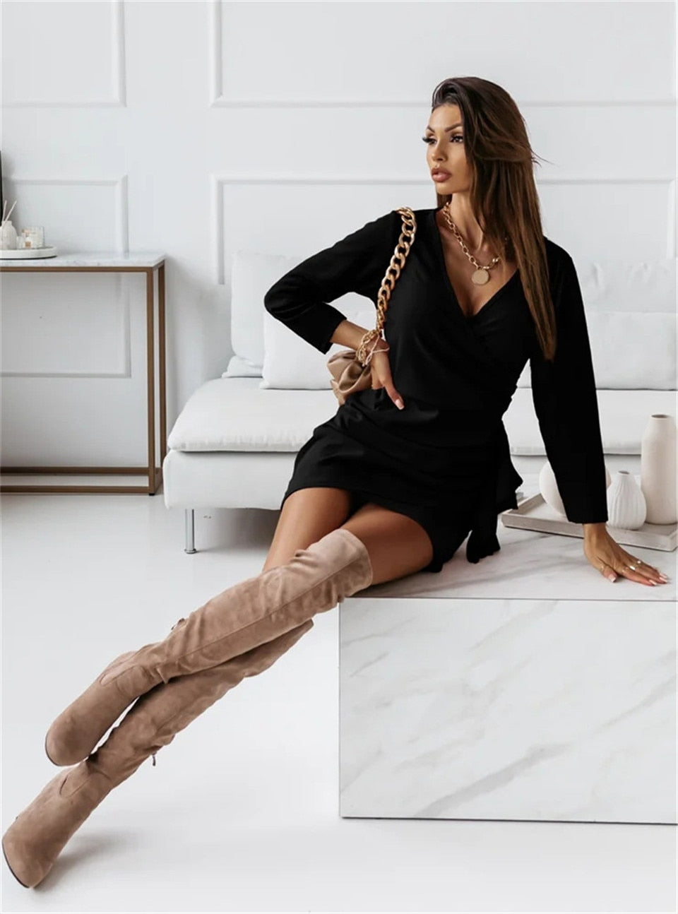 CD | Rochii de culoare solidă Rochie mini slim cu mânecă lungă și decolteu în V