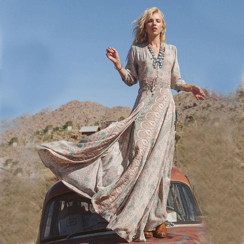 CD | Rochie maxi pentru femei - Stil boho - Amestec de bumbac - Decolteu în V - Placă cu nasturi - Mâneci 3/4