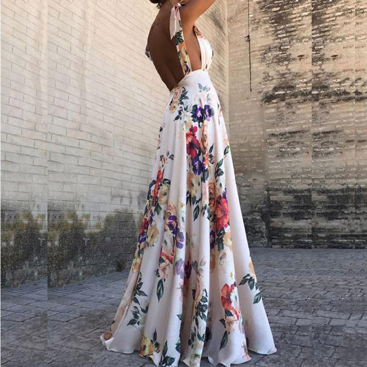 CD | Rochie maxi pentru femei - Imprimeu floral - Decolteu rotund - Fără mâneci - Spatele deschis - Croială fluidă