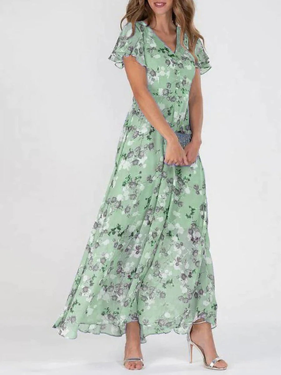 CD | Rochie maxi din sifon floral cu mâneci bufante și decolteu în V