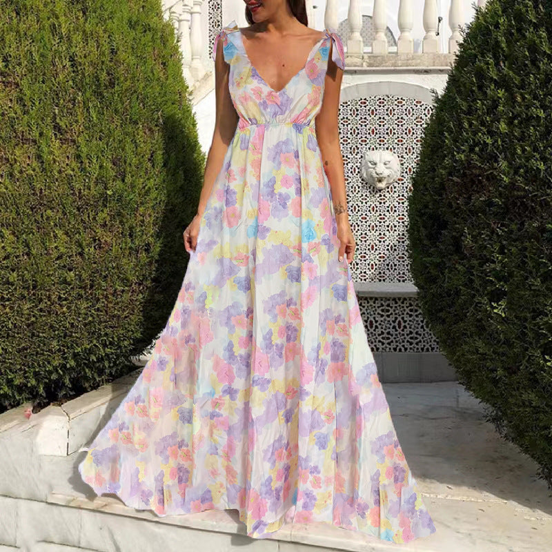 CD | Rochie maxi pentru femei - Imprimeu floral - Decolteu rotund - Fără mâneci - Spatele deschis - Croială fluidă
