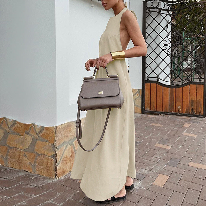 CD | Rochie maxi halter pentru femei - amestec de bumbac și in - croială lejeră - design fluid și minimalist