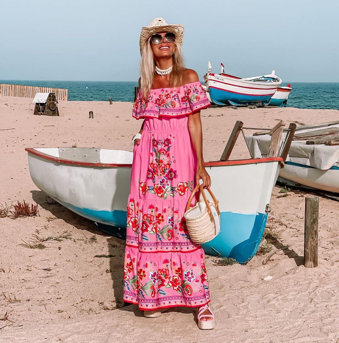 CD | Rochie maxi pentru femei - top cu volane pe umeri - imprimeu floral - amestec de bumbac - cu centură